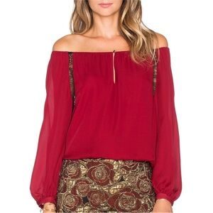 Alice + Olivia Silk Daroda Peasant Blouse Lace Maroon & Black Medium Long Sleeve